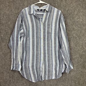 Lands Ends Shirt Dress Womens Size S Blue Striped Linen Beach Coastal Cottage